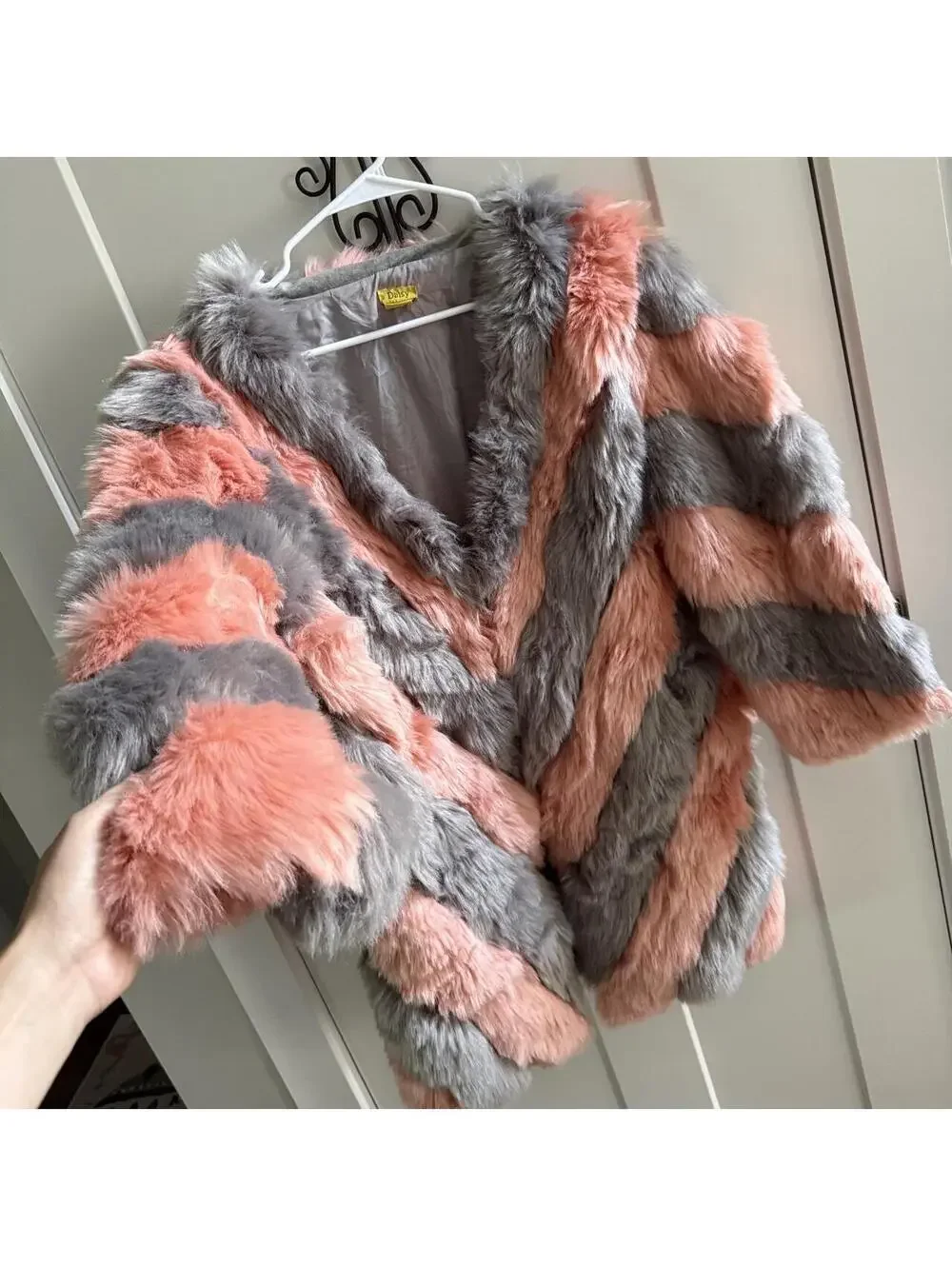 💖 DAISY Pink & Gray Chevron Faux Fur Festival Coat